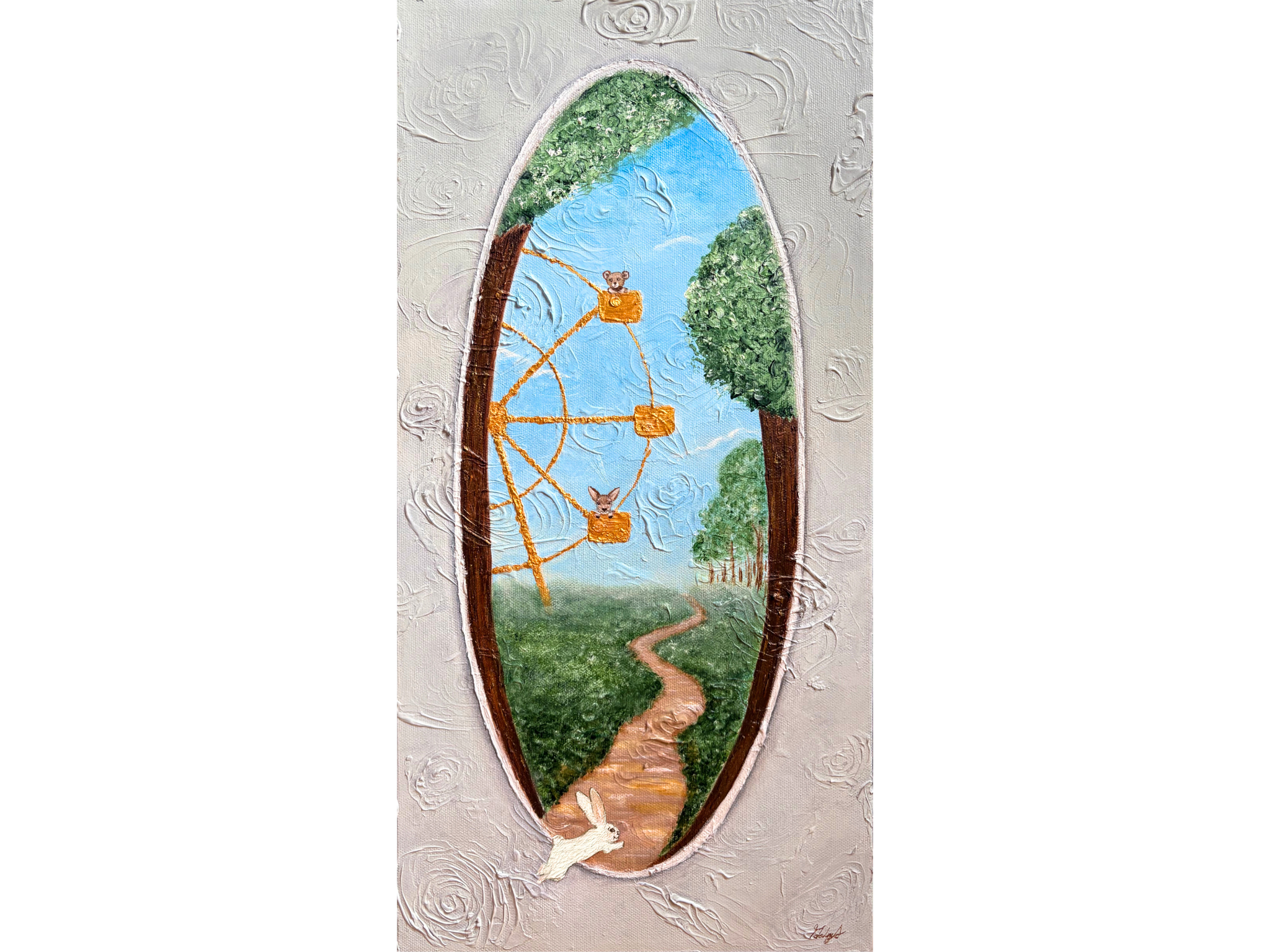An oval framed painting depicting a whimsical outdoor scene with a Ferris wheel, trees, a winding path, and a small rabbit, centered on a textured light beige background.