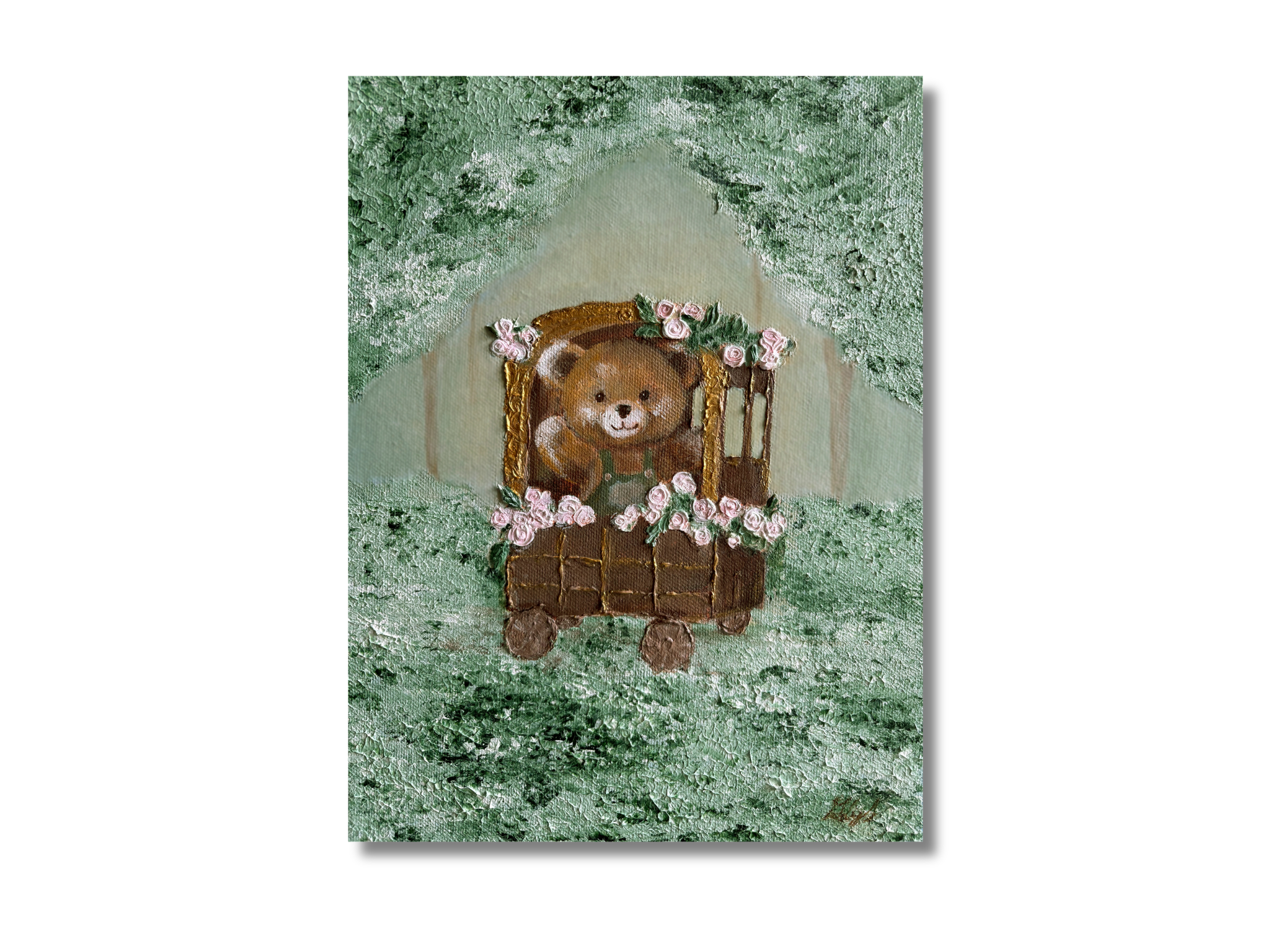 "Teddy's Train Ride" Acrylic on Canvas, 9"by 12"