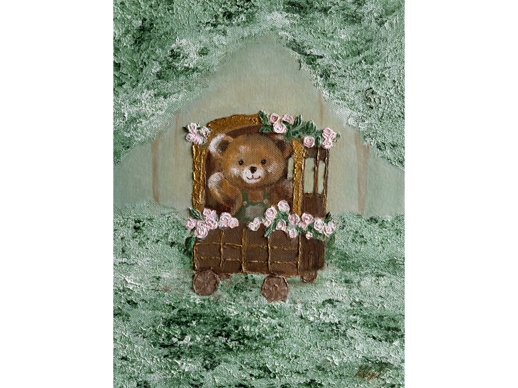 "Teddy's Train Ride" Acrylic on Canvas, 9"by 12"