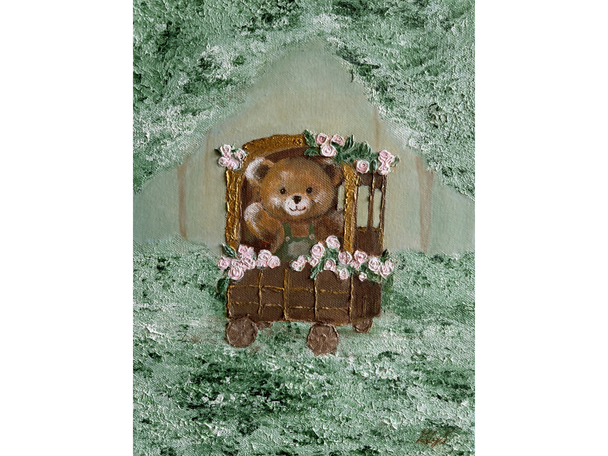 "Teddy's Train Ride" Acrylic on Canvas, 9"by 12"