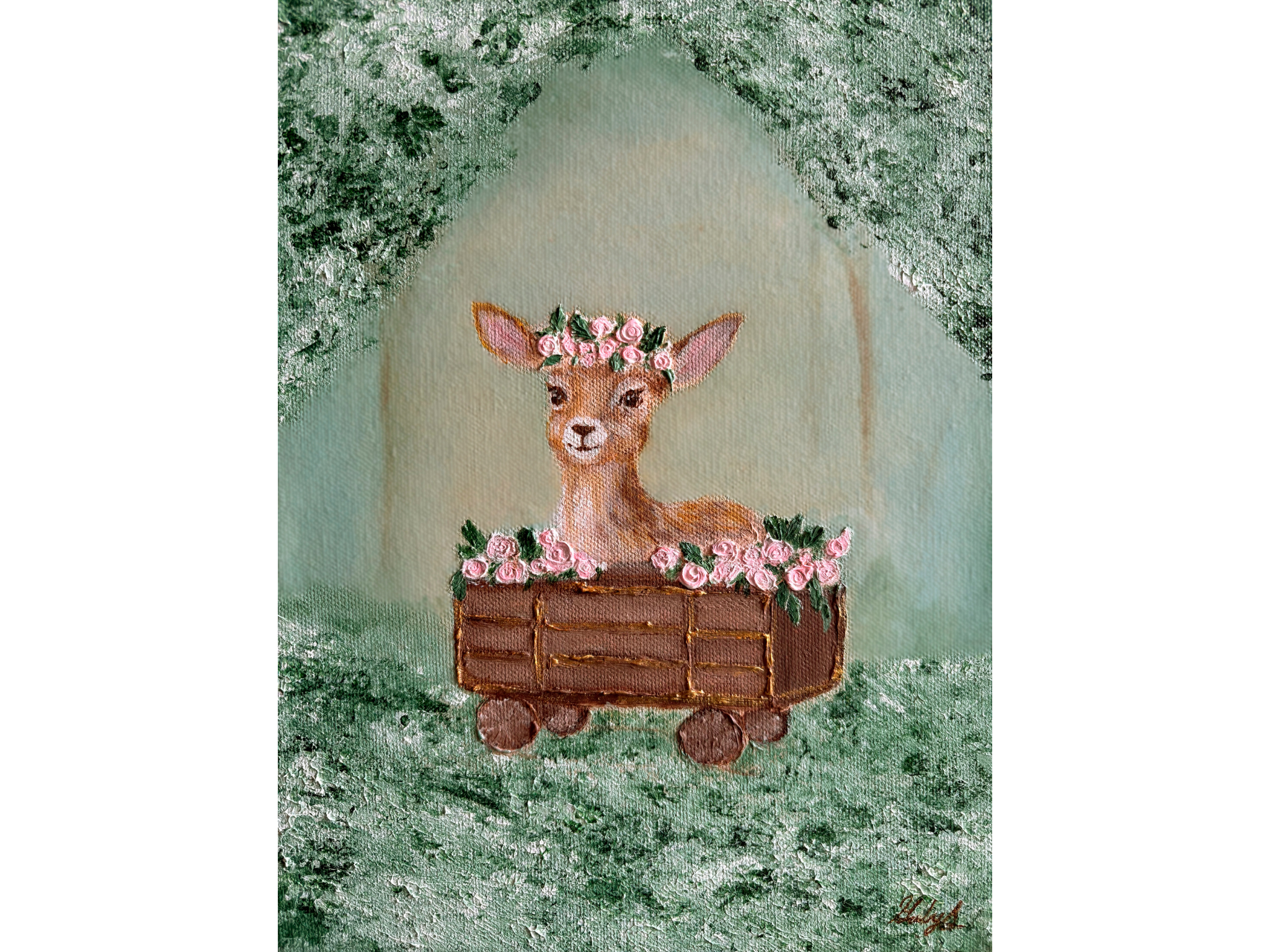 "Little Deer's Train Ride" Acrylic on Canvas, 9"by 12"
