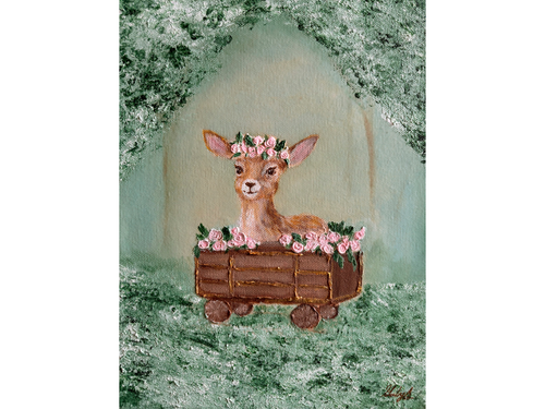 "Little Deer's Train Ride" Acrylic on Canvas, 9"by 12"